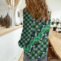 Polynesian Monstera Tiare Floral Women Casual Shirt Forest Green Tropical Plaid LT01 - Polynesian Pride