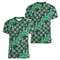 Polynesian Monstera Tiare Floral Women V-Neck T-Shirt Forest Green Tropical Plaid - Polynesian Pride