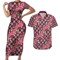 Polynesian Monstera Tiare Floral Couples Matching Short Sleeve Bodycon Dress and Hawaiian Shirt Fuchsia Tropical Plaid LT01 Pink - Polynesian Pride