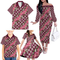 Polynesian Monstera Tiare Floral Family Matching Off The Shoulder Long Sleeve Dress and Hawaiian Shirt Fuchsia Tropical Plaid LT01 - Polynesian Pride