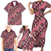 Polynesian Monstera Tiare Floral Family Matching Short Sleeve Bodycon Dress and Hawaiian Shirt Fuchsia Tropical Plaid LT01 - Polynesian Pride