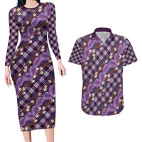 Polynesian Monstera Tiare Floral Couples Matching Long Sleeve Bodycon Dress and Hawaiian Shirt Lavender Tropical Plaid LT01 Purple - Polynesian Pride