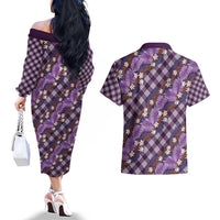 Polynesian Monstera Tiare Floral Couples Matching Off The Shoulder Long Sleeve Dress and Hawaiian Shirt Lavender Tropical Plaid LT01 - Polynesian Pride