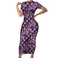 Polynesian Monstera Tiare Floral Family Matching Short Sleeve Bodycon Dress and Hawaiian Shirt Lavender Tropical Plaid LT01 Mom's Dress Purple - Polynesian Pride
