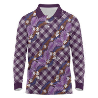 Polynesian Monstera Tiare Floral Long Sleeve Polo Shirt Lavender Tropical Plaid LT01 Purple - Polynesian Pride