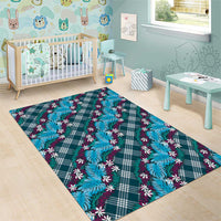 Polynesian Monstera Tiare Floral Area Rug Dark Teal Tropical Plaid - Polynesian Pride