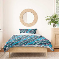 Polynesian Monstera Tiare Floral Bedding Set Dark Teal Tropical Plaid - Polynesian Pride