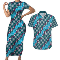 Polynesian Monstera Tiare Floral Couples Matching Short Sleeve Bodycon Dress and Hawaiian Shirt Dark Teal Tropical Plaid LT01 Teal - Polynesian Pride