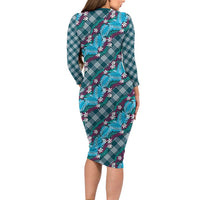Polynesian Monstera Tiare Floral Family Matching Long Sleeve Bodycon Dress and Hawaiian Shirt Dark Teal Tropical Plaid LT01 - Polynesian Pride