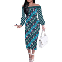 Polynesian Monstera Tiare Floral Family Matching Off The Shoulder Long Sleeve Dress and Hawaiian Shirt Dark Teal Tropical Plaid LT01 Mom's Dress Teal - Polynesian Pride