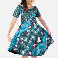 Polynesian Monstera Tiare Floral Family Matching Puletasi and Hawaiian Shirt Dark Teal Tropical Plaid LT01 Daughter's Dress Teal - Polynesian Pride