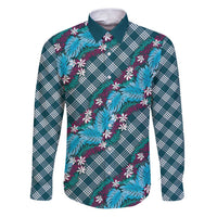Polynesian Monstera Tiare Floral Family Matching Puletasi and Hawaiian Shirt Dark Teal Tropical Plaid LT01 Dad's Shirt - Long Sleeve Teal - Polynesian Pride