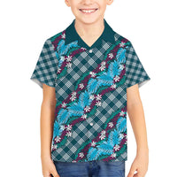 Polynesian Monstera Tiare Floral Family Matching Puletasi and Hawaiian Shirt Dark Teal Tropical Plaid LT01 Son's Shirt Teal - Polynesian Pride