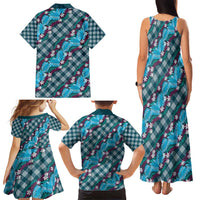 Polynesian Monstera Tiare Floral Family Matching Tank Maxi Dress and Hawaiian Shirt Dark Teal Tropical Plaid LT01 - Polynesian Pride