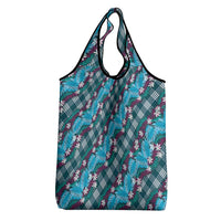 Polynesian Monstera Tiare Floral Grocery Bag Dark Teal Tropical Plaid LT01 - Polynesian Pride