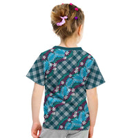 Polynesian Monstera Tiare Floral Kid T Shirt Dark Teal Tropical Plaid LT01 - Polynesian Pride