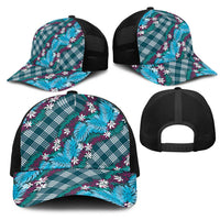 Polynesian Monstera Tiare Floral Mesh Trucker Cap Dark Teal Tropical Plaid - Polynesian Pride