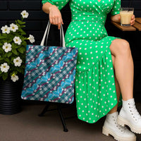 Polynesian Monstera Tiare Floral Tote Bag Dark Teal Tropical Plaid - Polynesian Pride