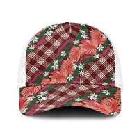 Polynesian Monstera Tiare Floral Baseball Net Cap Burgundy Tropical Plaid - Polynesian Pride