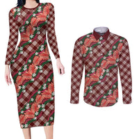 Polynesian Monstera Tiare Floral Couples Matching Long Sleeve Bodycon Dress and Long Sleeve Button Shirt Burgundy Tropical Plaid LT01 Red - Polynesian Pride