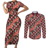 Polynesian Monstera Tiare Floral Couples Matching Short Sleeve Bodycon Dress and Long Sleeve Button Shirt Burgundy Tropical Plaid LT01 Red - Polynesian Pride