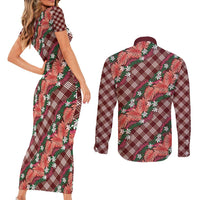 Polynesian Monstera Tiare Floral Couples Matching Short Sleeve Bodycon Dress and Long Sleeve Button Shirt Burgundy Tropical Plaid LT01 - Polynesian Pride