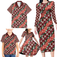 Polynesian Monstera Tiare Floral Family Matching Long Sleeve Bodycon Dress and Hawaiian Shirt Burgundy Tropical Plaid LT01 - Polynesian Pride