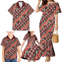 Polynesian Monstera Tiare Floral Family Matching Mermaid Dress and Hawaiian Shirt Burgundy Tropical Plaid LT01 - Polynesian Pride
