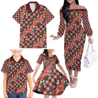 Polynesian Monstera Tiare Floral Family Matching Off The Shoulder Long Sleeve Dress and Hawaiian Shirt Burgundy Tropical Plaid LT01 - Polynesian Pride