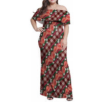 Polynesian Monstera Tiare Floral Family Matching Off Shoulder Maxi Dress and Hawaiian Shirt Burgundy Tropical Plaid LT01 Mom's Dress Red - Polynesian Pride