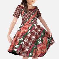 Polynesian Monstera Tiare Floral Family Matching Puletasi and Hawaiian Shirt Burgundy Tropical Plaid LT01 Daughter's Dress Red - Polynesian Pride