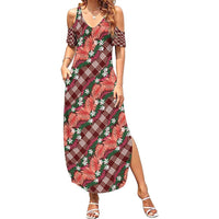 Polynesian Monstera Tiare Floral Family Matching Summer Maxi Dress and Hawaiian Shirt Burgundy Tropical Plaid LT01 Mom's Dress Red - Polynesian Pride