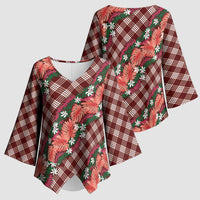 Polynesian Monstera Tiare Floral Kimono Sleeve Blouse Burgundy Tropical Plaid - Polynesian Pride