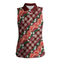 Polynesian Monstera Tiare Floral Women Sleeveless Polo Shirt Burgundy Tropical Plaid - Polynesian Pride