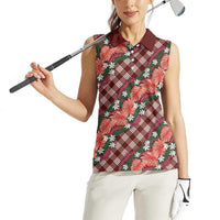 Polynesian Monstera Tiare Floral Women Sleeveless Polo Shirt Burgundy Tropical Plaid - Polynesian Pride