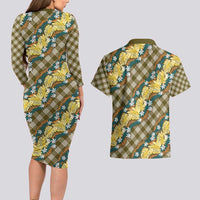 Polynesian Monstera Tiare Floral Couples Matching Long Sleeve Bodycon Dress and Hawaiian Shirt Yellow Tropical Plaid LT01 - Polynesian Pride
