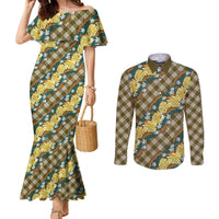 Polynesian Monstera Tiare Floral Couples Matching Mermaid Dress and Long Sleeve Button Shirt Yellow Tropical Plaid - Polynesian Pride