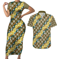 Polynesian Monstera Tiare Floral Couples Matching Short Sleeve Bodycon Dress and Hawaiian Shirt Yellow Tropical Plaid LT01 Yellow - Polynesian Pride