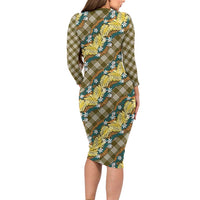Polynesian Monstera Tiare Floral Family Matching Long Sleeve Bodycon Dress and Hawaiian Shirt Yellow Tropical Plaid LT01 - Polynesian Pride