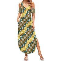 Polynesian Monstera Tiare Floral Family Matching Summer Maxi Dress and Hawaiian Shirt Yellow Tropical Plaid LT01 Mom's Dress Yellow - Polynesian Pride