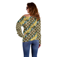Polynesian Monstera Tiare Floral Off Shoulder Sweater Yellow Tropical Plaid - Polynesian Pride