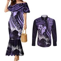 Polynesian Women Day 2024 Couples Matching Mermaid Dress and Long Sleeve Button Shirt Hibiscus Girl Tribal LT01 Purple - Polynesian Pride