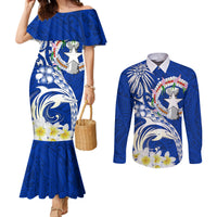 Northern Mariana Islands Commonwealth Day 2024 Couples Matching Mermaid Dress and Long Sleeve Button Shirt Dolphin With Plumeria Flower LT01 Blue - Polynesian Pride