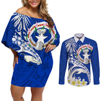 Northern Mariana Islands Commonwealth Day 2024 Couples Matching Off Shoulder Short Dress and Long Sleeve Button Shirt Dolphin With Plumeria Flower LT01 Blue - Polynesian Pride