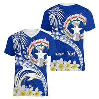 Northern Mariana Islands Commonwealth Day 2024 Women V Neck T Shirt Dolphin With Plumeria Flower LT01 - Polynesian Pride
