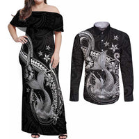 Hawaii Mermaid Monotone Couples Matching Off Shoulder Maxi Dress and Long Sleeve Button Shirt Polynesian Pattern Fish Hook