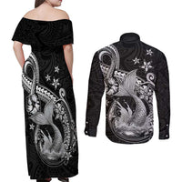 Hawaii Mermaid Monotone Couples Matching Off Shoulder Maxi Dress and Long Sleeve Button Shirt Polynesian Pattern Fish Hook