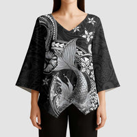 Hawaii Mermaid Monotone Kimono Sleeve Blouse Polynesian Pattern Fish Hook