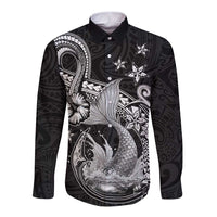Hawaii Mermaid Monotone Long Sleeve Button Shirt Polynesian Pattern Fish Hook