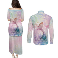 Hawaii Mermaid Sweet Pastel Couples Matching Puletasi and Long Sleeve Button Shirt Polynesian Pattern Fish Hook